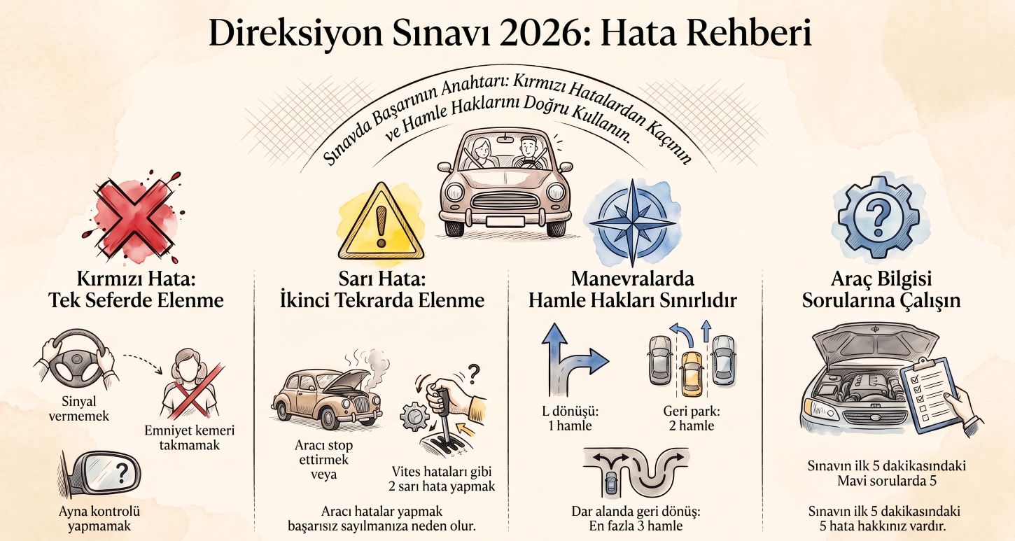 Direksiyon sınavında yapılan hatalar 2026 kırmızı sarı mavi hata cetveli