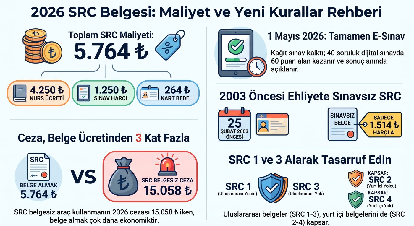 SRC belgesi ücreti 2026 kurs harç ve kart bedeli güncel tablo