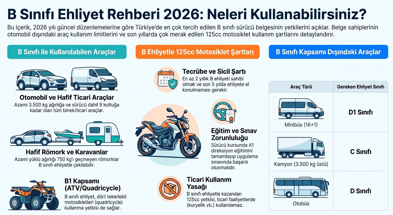 B sınıfı ehliyet ile kullanılabilen araçlar 2026